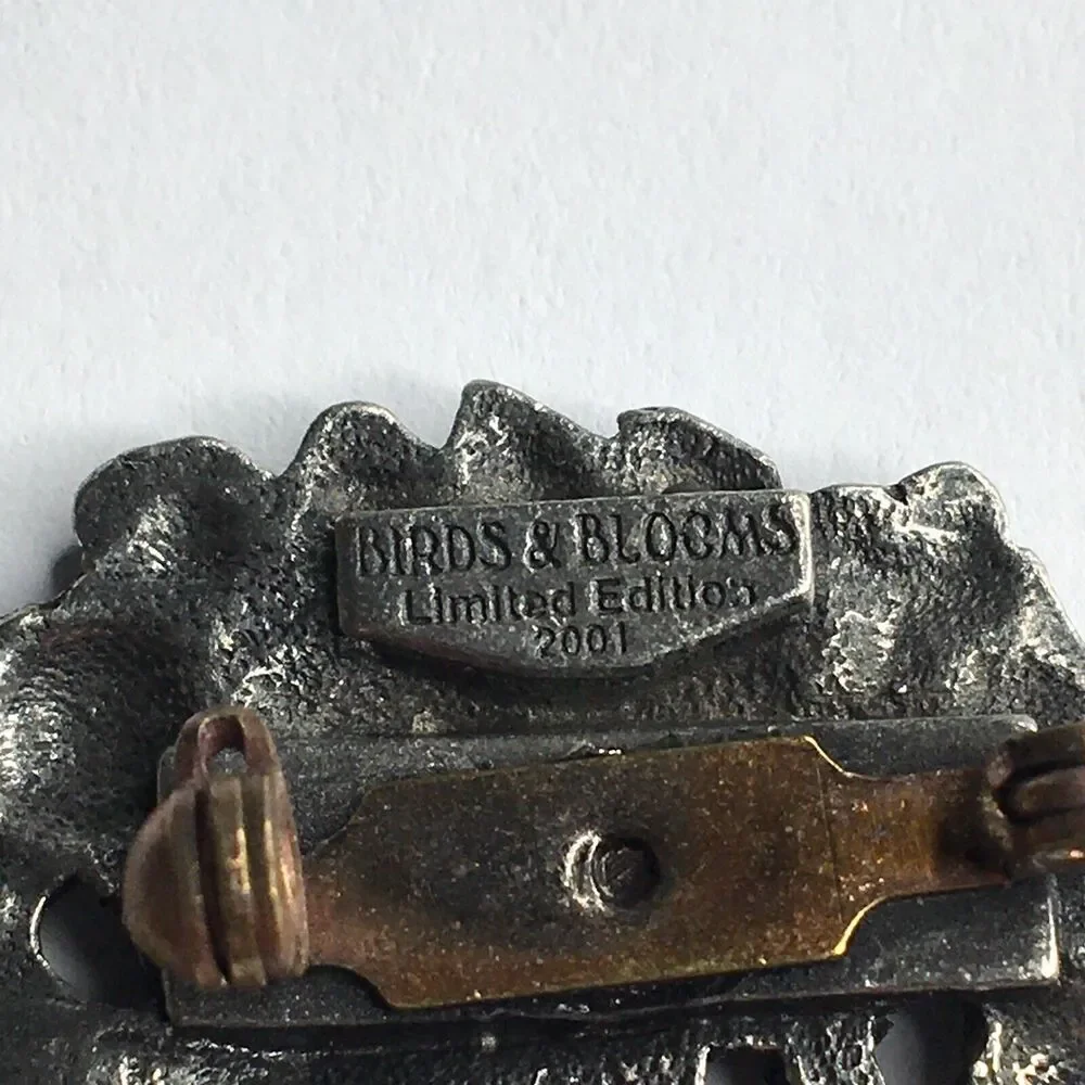 Birds & Blooms Brooch Pin‎ Pewter Flower Wheelbarrow Granny Cottage Fairycore